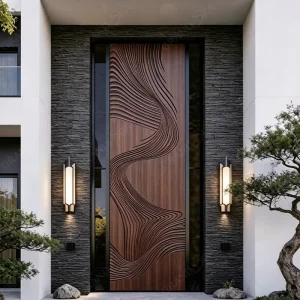 Custom Large Brown Striped Stainless Steel and Solid Wood Security Entry Door for Villa
