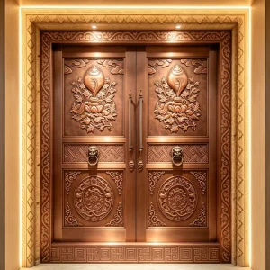 Custom Large Relief Carved Bronze Door for Temple and Hotel Entrances, Modern Architectural Copper Door Manufacturer