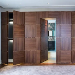 Custom Luxury Walnut Wood Secret Door Seamless Hidden Invisible Door with Integrated Wall Panels for Villa Hotel Project Room