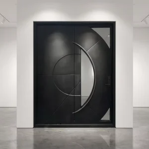 Custom Matte Black Steel Full-Height Pivot Door with Geometric Glass Cutouts and C-Shape Handle