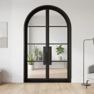 Custom Modern Arched Black Steel and Glass Double French Door for Villa Hotel Office
