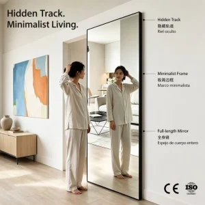 Custom Modern Black Slim-Frame Full-Length Mirror Sliding Door with Hidden Track