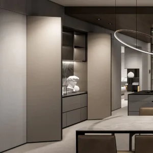 Custom Modern Hidden-Panel Dining Buffet with Marble Backsplash