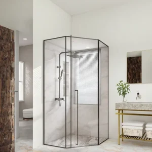 Custom Modern Stainless Steel Tempered Glass Shower Door with Diamond Shape Matte Black Frame for Bathroom Hotel Apartment Use