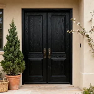 Custom Postmodern Villa Entrance Door Solid Wood Double Leaf Red Oak Black
