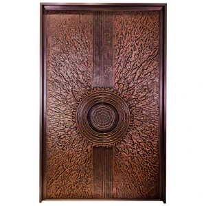 Custom Pure Copper Double Main Gate with Handmade Carving and Hammered Metal Security Doors