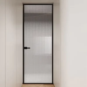 Custom Size Aluminum French Fluted Glass Interior Swing Door Slim Black Frame for Hotel Villa