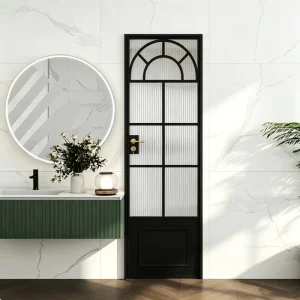 Custom Size Arched Swing Room Door with Obscure Textured Glass and Metal Frame, Noise Reduction, for Homestay Bathroom