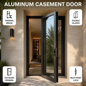 Custom Size Thermal Break Aluminum Casement Door with Double Glazed Tempered Low-E Glass, Outward Opening