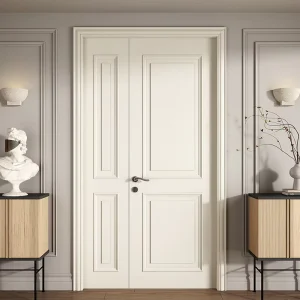 Custom Solid Wood Bedroom and Study Door, Baking Paint, Warm White, Double Opening, Parent-Child French Style