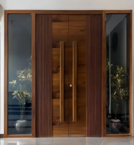 Custom Solid Wood Double Door with Side Glass Modern Wooden Front Entry Door