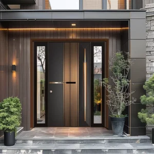 Custom Steel and Wood Entrance Door with Fixed Glass Panel for Apartment and Villa