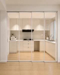 Custom White 4-Panel Slim Aluminum Glass Sliding Door for Kitchen and Living Room Partitions