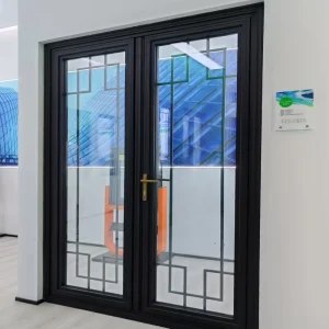 Custom Wood Commercial Security Doors with Electric Handle and Aluminum Stained Glass Swing Door Design