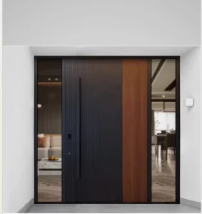 Custom Wood Grain Finish Aluminum Off-Axis Entry Door Suitable for Office Villa Entrances and Art Spaces (OEM Available)