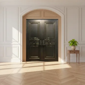 Customizable Double Bronze Front Door with Wood Interior Paneling and Artisan-Crafted Metal Surface