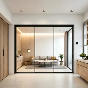 Customizable Styles Black Aluminum Alloy Glass Three linkage Sliding Door For Kitchen And Balcony