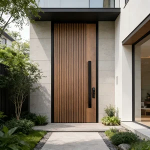 Customized Large Wooden-Grain Modern Exterior Security Revolving Metal Door for Houses