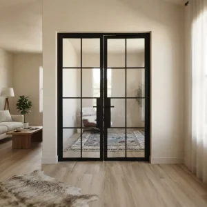 Customized-Size Wrought Steel Frame Door with Frosted Fluted Glass, French-Style Interior Hinged Door