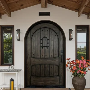 Customized Solid Wood Exterior Entry Door with Glass Panels, Mahogany Oak or Pine, Arched