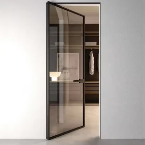 Dampproof Black Aluminum Titanium Alloy Narrow-Frame Wave Frosted Glass Bathroom Swing Door
