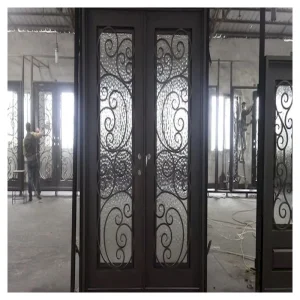 Dark Bronze Finish Iron Double Swing Entrance Door with Tempered Rain Glass for Residential Villas
