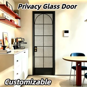 Dark Grey Arched Swing Room Door Privacy Textured Glass Alloy Frame Moisture Resistant for Compact Apartment Bath Space