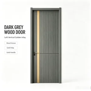 Dark Grey Vertical Wood Veneer Interior Doors with Golden Inlay Strip
