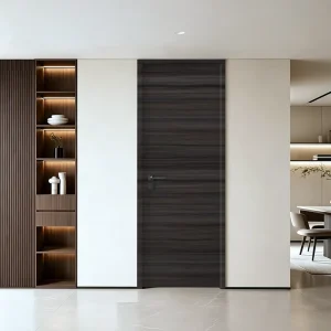 Dark Horizontal Wood Grain Thin-Frame Solid Wood Interior Door, Minimalist Soundproof Bedroom Door, Custom for Modern House