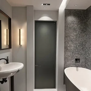 Design Indoor Black Aluminum Frame Swing Door Modern Hotel Aluminum Sliding Bathroom Waterproof Frosted Glass Door