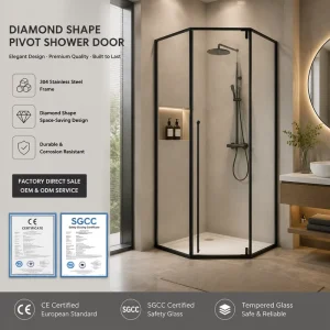 Diamond Corner Pivot Swing Shower Door with Tempered Glass and Stainless Steel Pivot Hinge