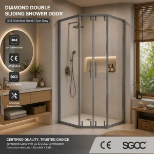Diamond Double Sliding Tempered Glass Shower Door with Stainless Steel for Hotels and Villas