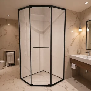 Diamond-Shape Glass Shower Cabin with 304 Stainless Steel Frame, Polished Black Finish, Sliding Door for Hotels