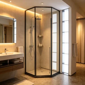 Diamond Shape Shower Cabin with Tempered Glass Door, Stainless Steel Frame, Sliding Swing Opening for Hotel Use
