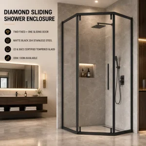 Diamond-Shaped Framed Shower Door with Two Fixed Panels and One Sliding Panel