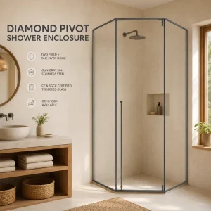 Diamond-Shaped Framed Shower Door with Two Fixed Panels and Pivot Opening for Commercial Bathrooms