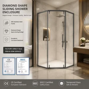 Diamond-Shaped Glass Shower Enclosure with Frame Two Fixed Panels Stainless Steel Sliding Door for Hotel Bathrooms