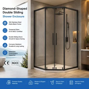 Diamond-Shaped Single Sliding Shower Door with Framed Structure for Commercial Hotels Apartments Renovation Projects