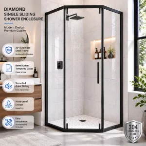 Diamond Shower Door Sliding Glass Panel with 304 Stainless Steel Frame 8mm Thick Glass for Dry-Wet Separation