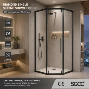 Diamond-Type Single Sliding Shower Door Tempered Glass 304 Stainless Steel for Bathroom
