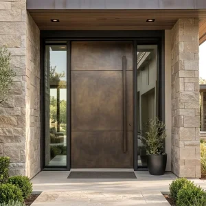 Distressed Antique Bronze Finish Pivot Main Door with Glass Panels on Both Sides, Anti-theft Security