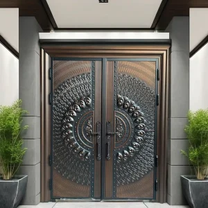 Double Doors with Solid Core Construction, Symmetric Panel Design, and Weather-Sealed Edges