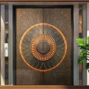 Double Entry Cast Aluminum Door with Circular Mandala Relief Carving Bronze Finish for Villa Exterior