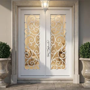 Double Glass Wrought Iron Front Entry Door, Custom Design for Modern Villa
