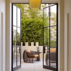 Double Glazing Wrought Iron Swing Door with Grill and French Design for Hotels and Commercial Spaces