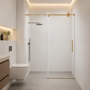Double Sliding Square Shower Door, Tempered Glass, Gold Frame, 60 x 74 Inches, for Hotel and Gym Bathrooms