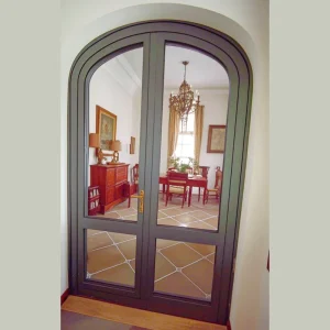 Double Swing Aluminum Alloy Profile Clad Wood Water and Rust Proof Large Arched Glass Front Door for Exterior Bedroom