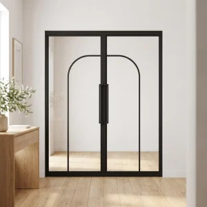 Double Swing Matte Black French Style Glass Door Steel Frame Tempered Pane for Home Office