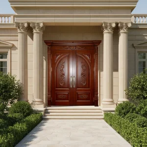 Double Wooden Swing Entry Door Solid Wood Structure Eco-Friendly Paint Custom Design Traditional Hall