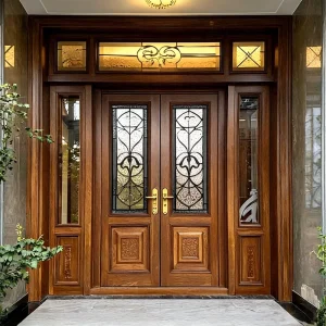 Double Wooden Villa Entrance Door with Solid Walnut Wood, MDF, and Glass